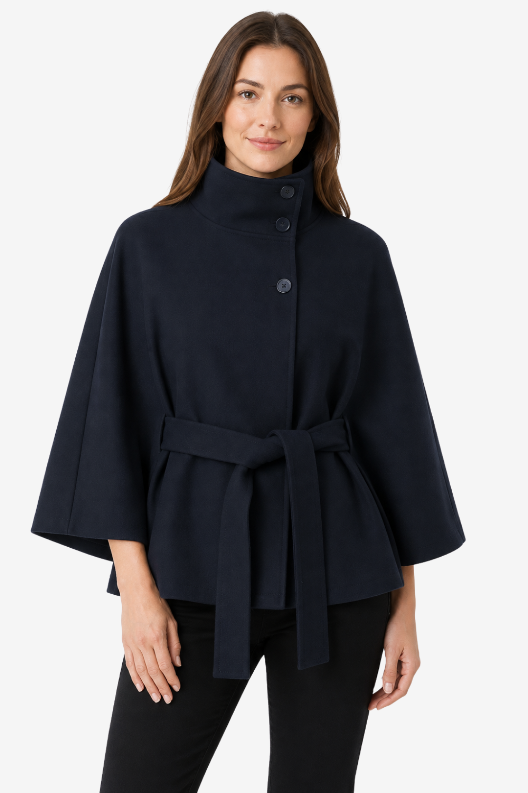 VALERIQUE | Manteau Cape Ceinturé pour Femme – Col Haut Manches Larges Design Structuré