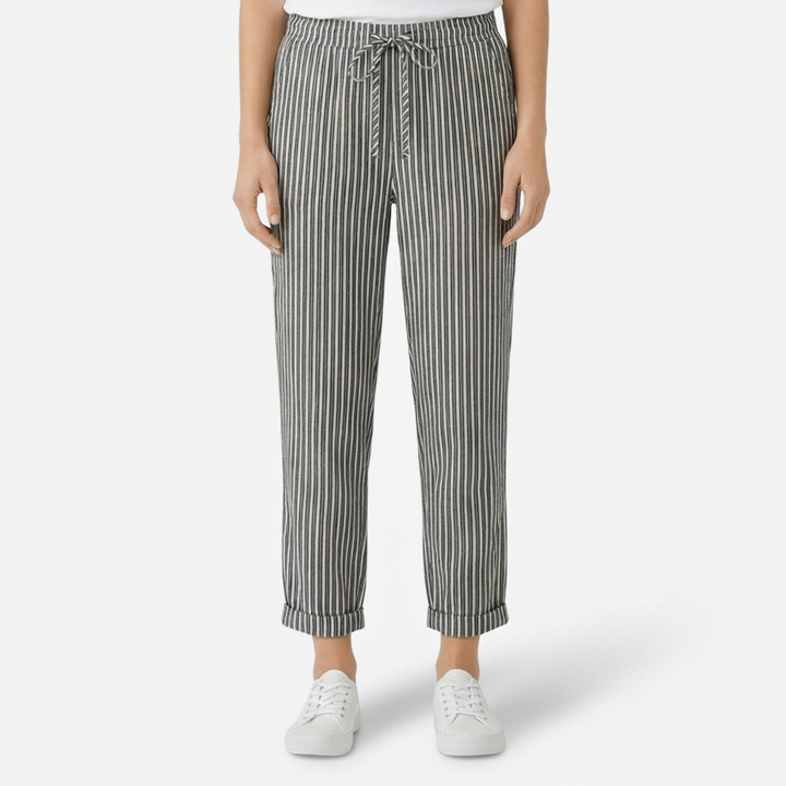 VALERIQUE | Femme pantalon à rayures droit en coton à taille élastiquée avec cordon longueur cheville taille mi-haute