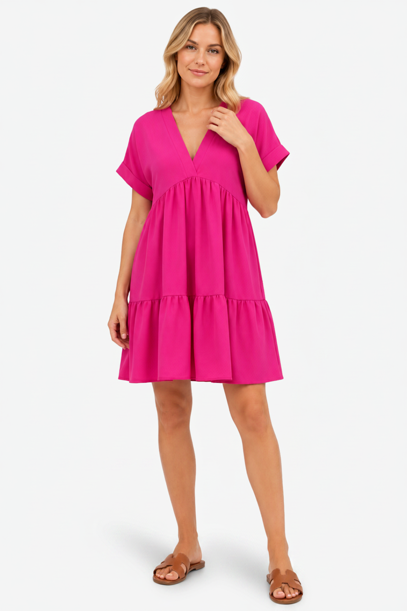 VALERIQUE | Robe Ample Col V pour Femme – Manches Courtes et Froncée