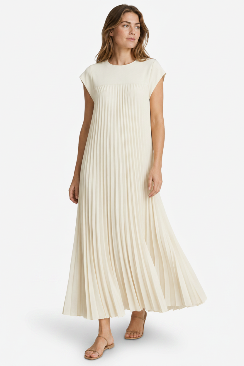 VALERIQUE | Femme Robe midi plissée coupe ample manches courtes style décontracté