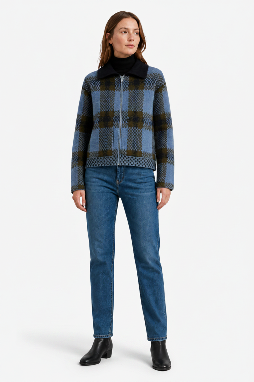 VALERIQUE | Veste Zippée Tricotée à Carreaux pour Femme – Col Revers