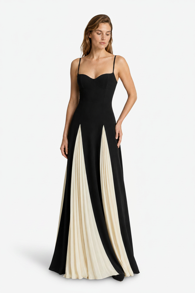 VALERIQUE | Femme Robe longue à fines bretelles coupe ajustée détail plissé style fluide