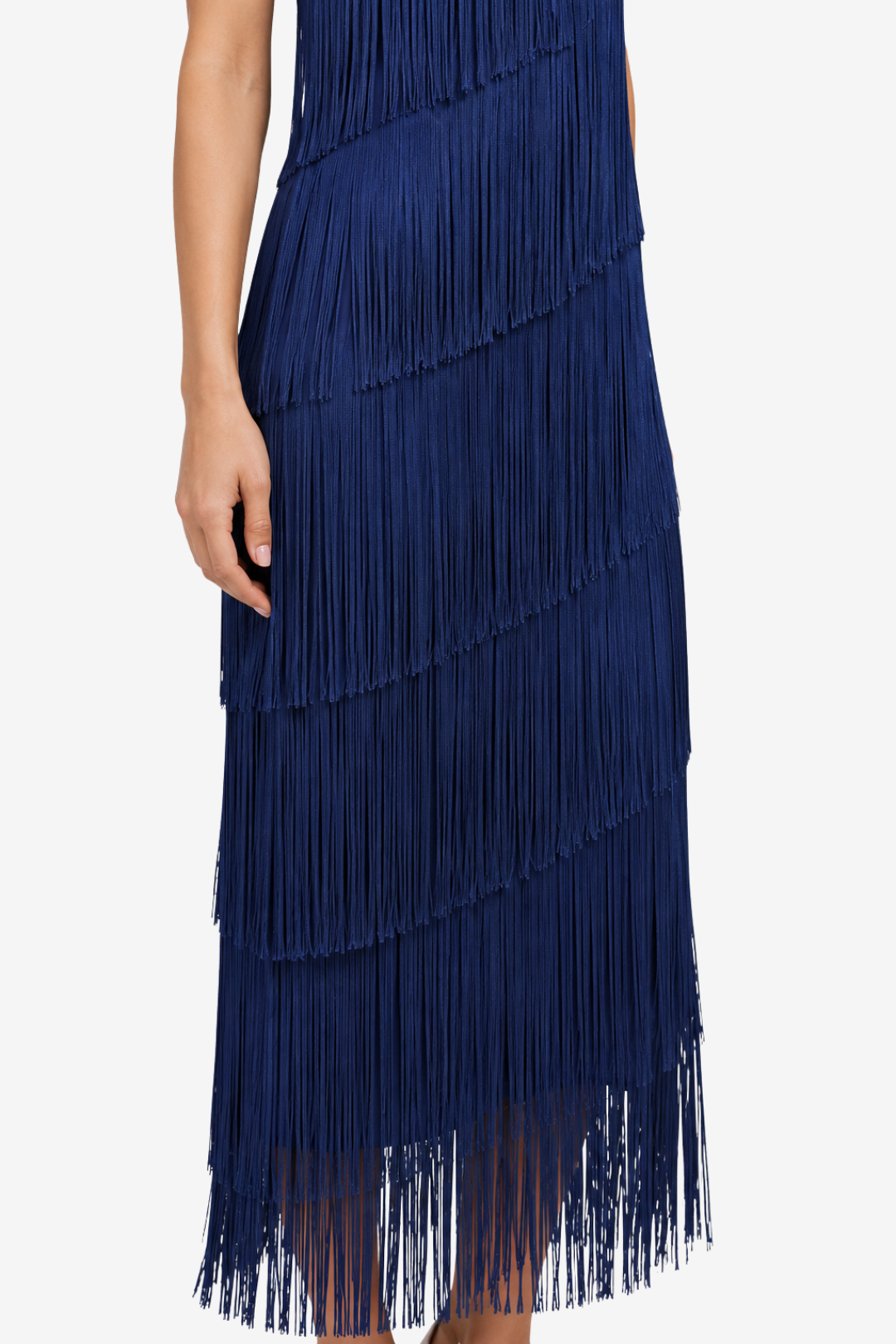 VALERIQUE | Femme Robe Formelle Asymétrique en Mélange de Coton Bleu, Franges Fluides, Bretelle Unique