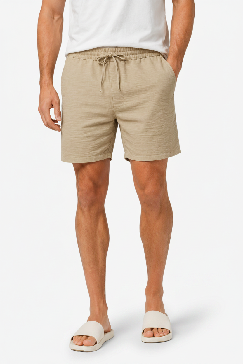 VALERIQUE | Homme Short Décontracté en Mousseline Beige - Taille Élastiquée avec Cordon de Serrage, Poches Latérales