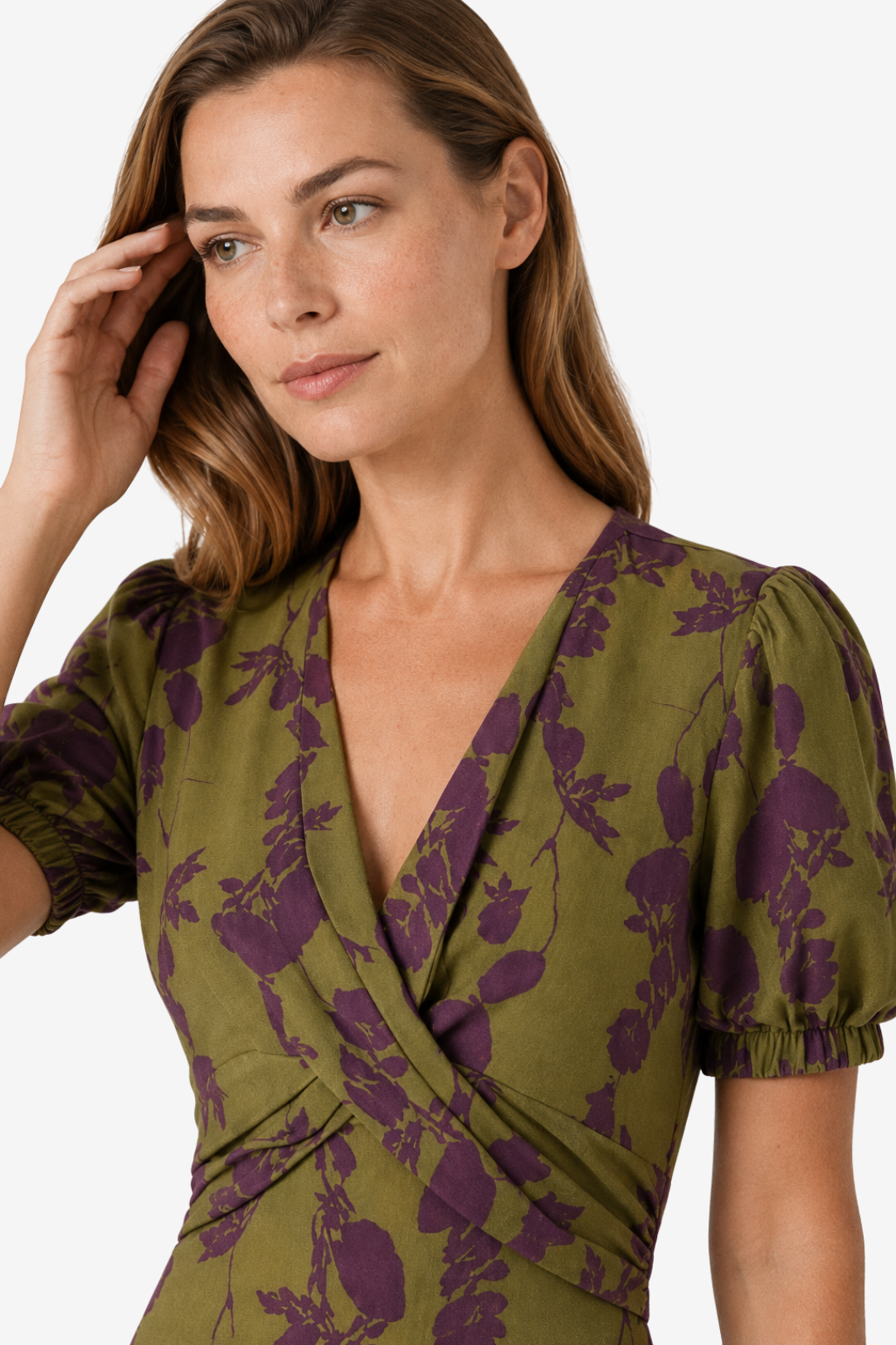 VALERIQUE | Femme Robe midi imprimé coupe ajustée col croisé manches courtes style décontracté