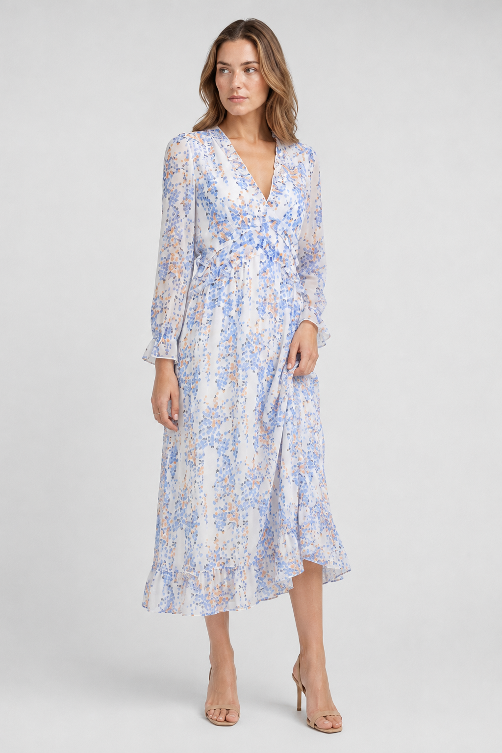 VALERIQUE | Femme Robe Longue Décontractée en Mélange de Coton Bleu et Blanc, Manches Longues, Col en V Profond
