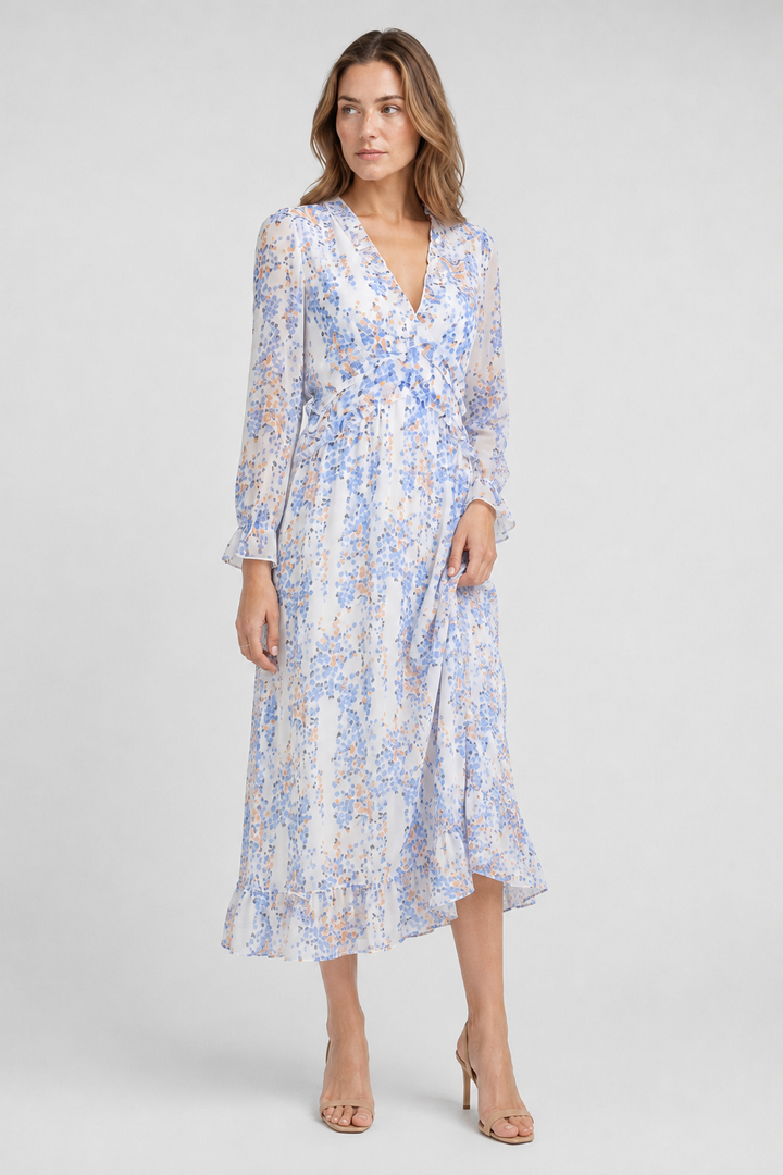 VALERIQUE | Femme Robe Longue Décontractée en Mélange de Coton Bleu et Blanc, Manches Longues, Col en V Profond