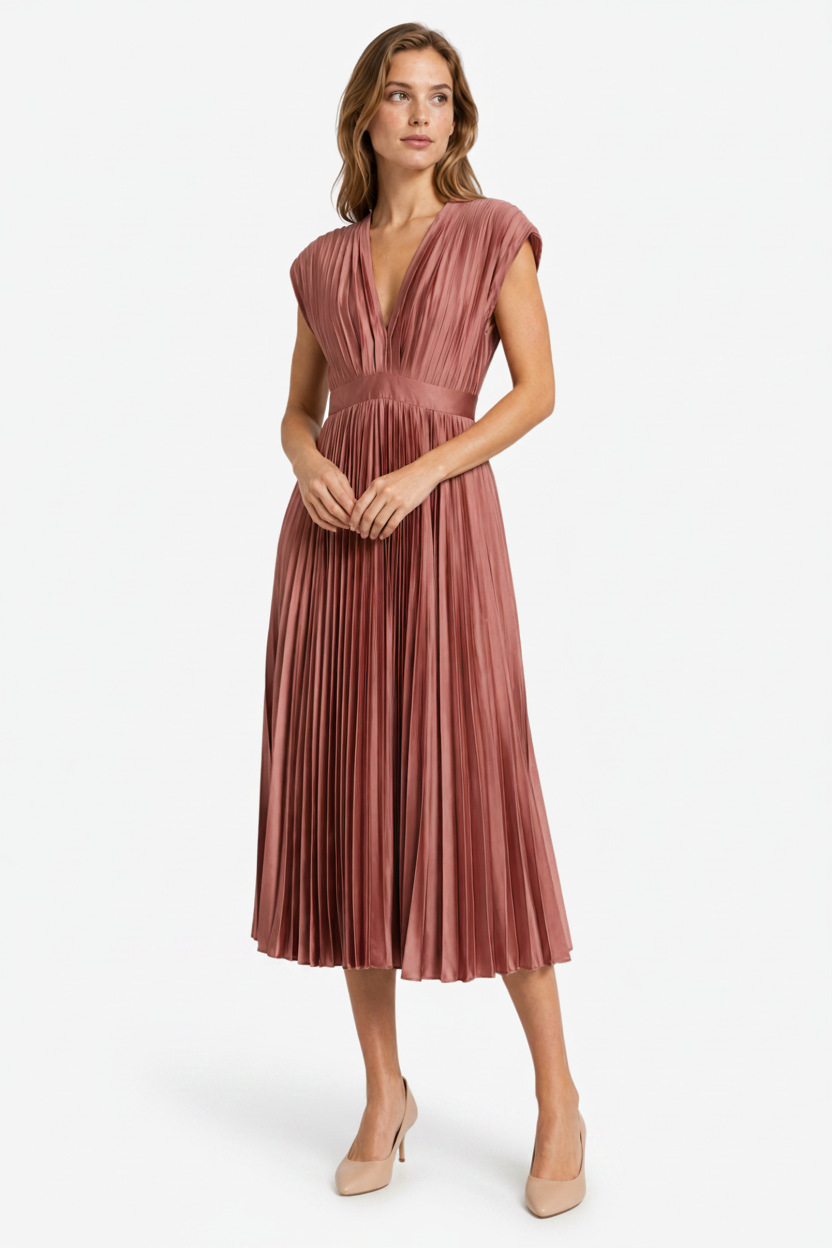 VALERIQUE | Femme Robe midi plissée coupe évasée col V style fluide
