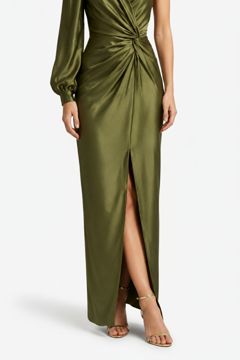 VALERIQUE | Femme Robe longue asymétrique manche longue coupe ajustée détail drapé style fluide