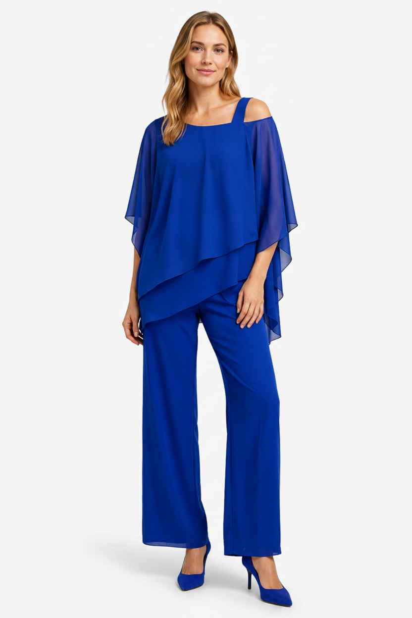 VALERIQUE | Ensemble Deux Pièces en Mousseline pour Femme – Haut Asymétrique et Pantalon Large