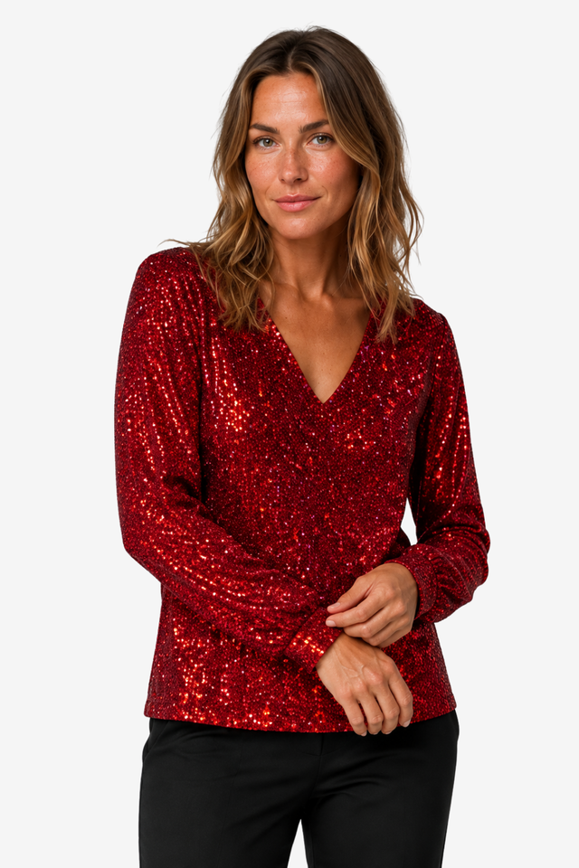 VALERIQUE | Blouse à sequins pour femme à manches longues – Col en V et sequins sur toute la surface