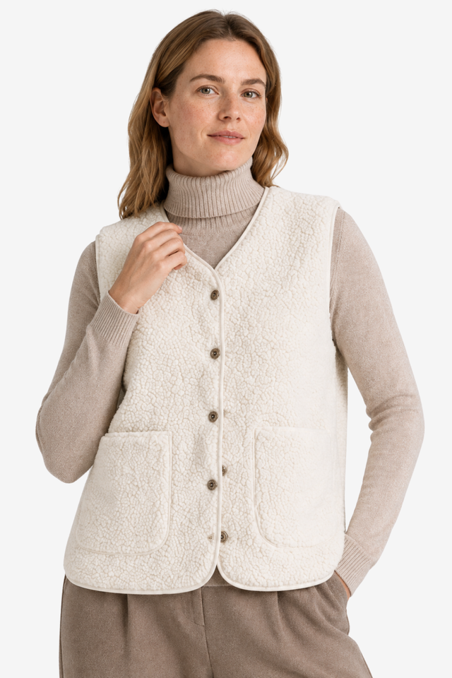 VALERIQUE | Gilet sans manches boutonné pour femme – Finition polaire texturée avec poches plaquées