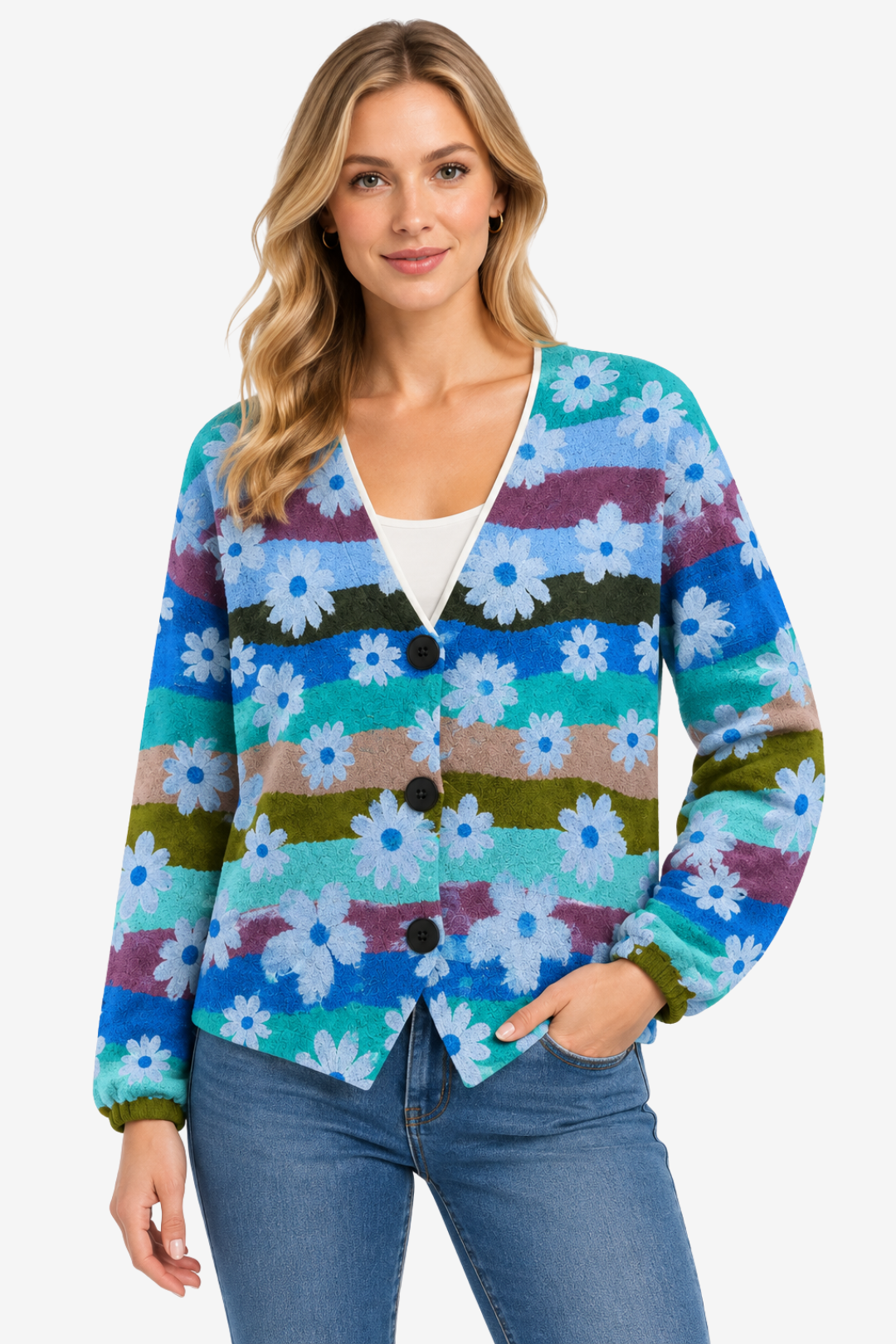 VALERIQUE | Cardigan Fleuri pour Femme – Col en V Fermeture Boutonnée Design Décontracté