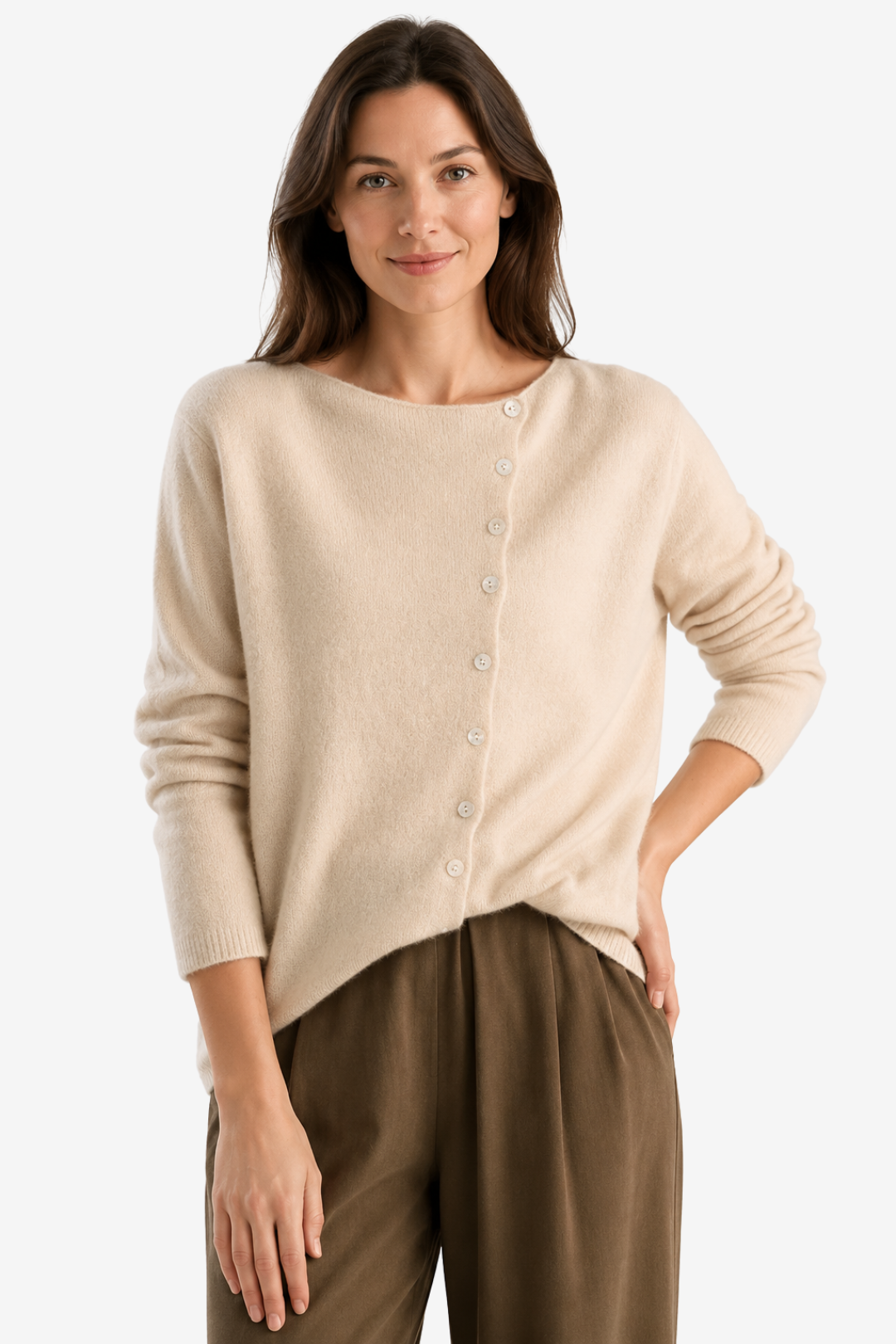 VALERIQUE | Cardigan Boutonné pour Femme – Encolure Asymétrique Maille Décontractée