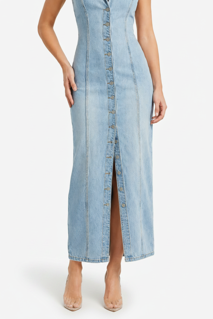 VALERIQUE | Robe Maxi Denim pour Femme – Sans Manches et Boutonnée