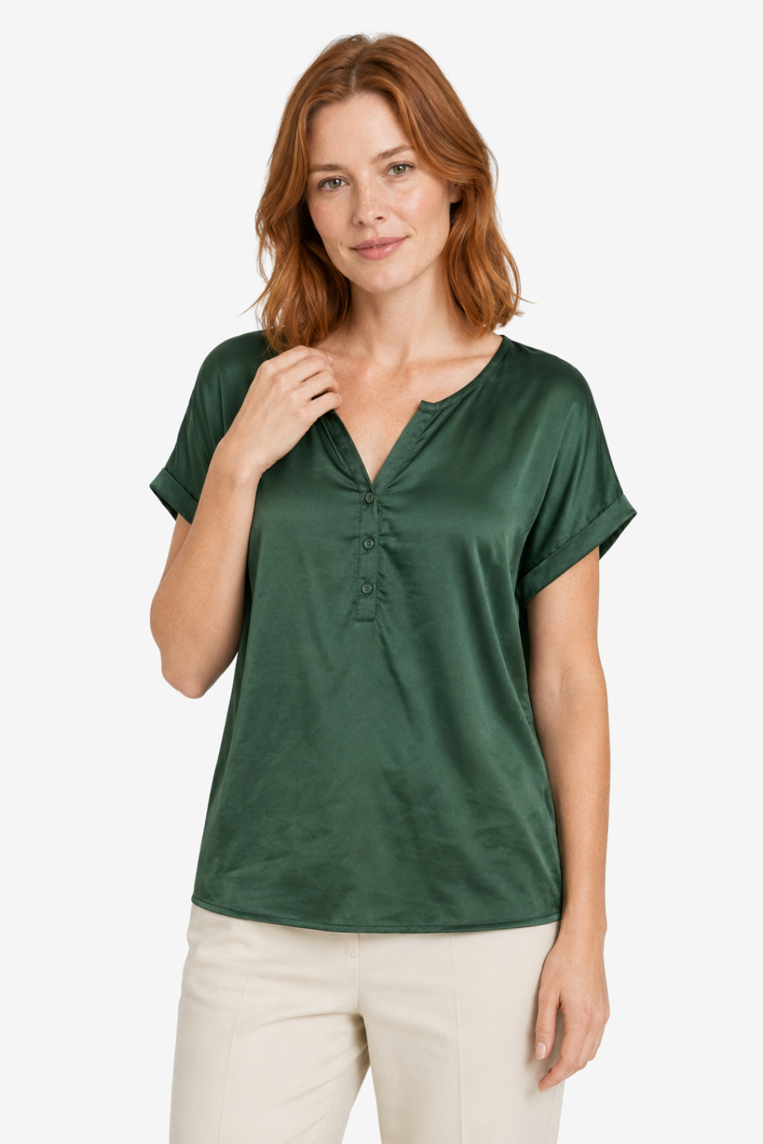 VALERIQUE | Femme blouse satinée à manches courtes avec col ouvert et patte boutonnée pour usage quotidien