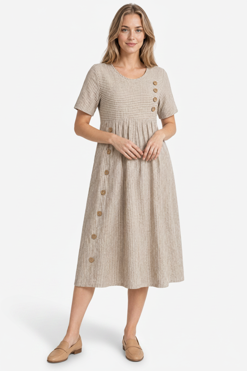 VALERIQUE | Femme Robe en lin coupe évasée manches courtes style décontracté