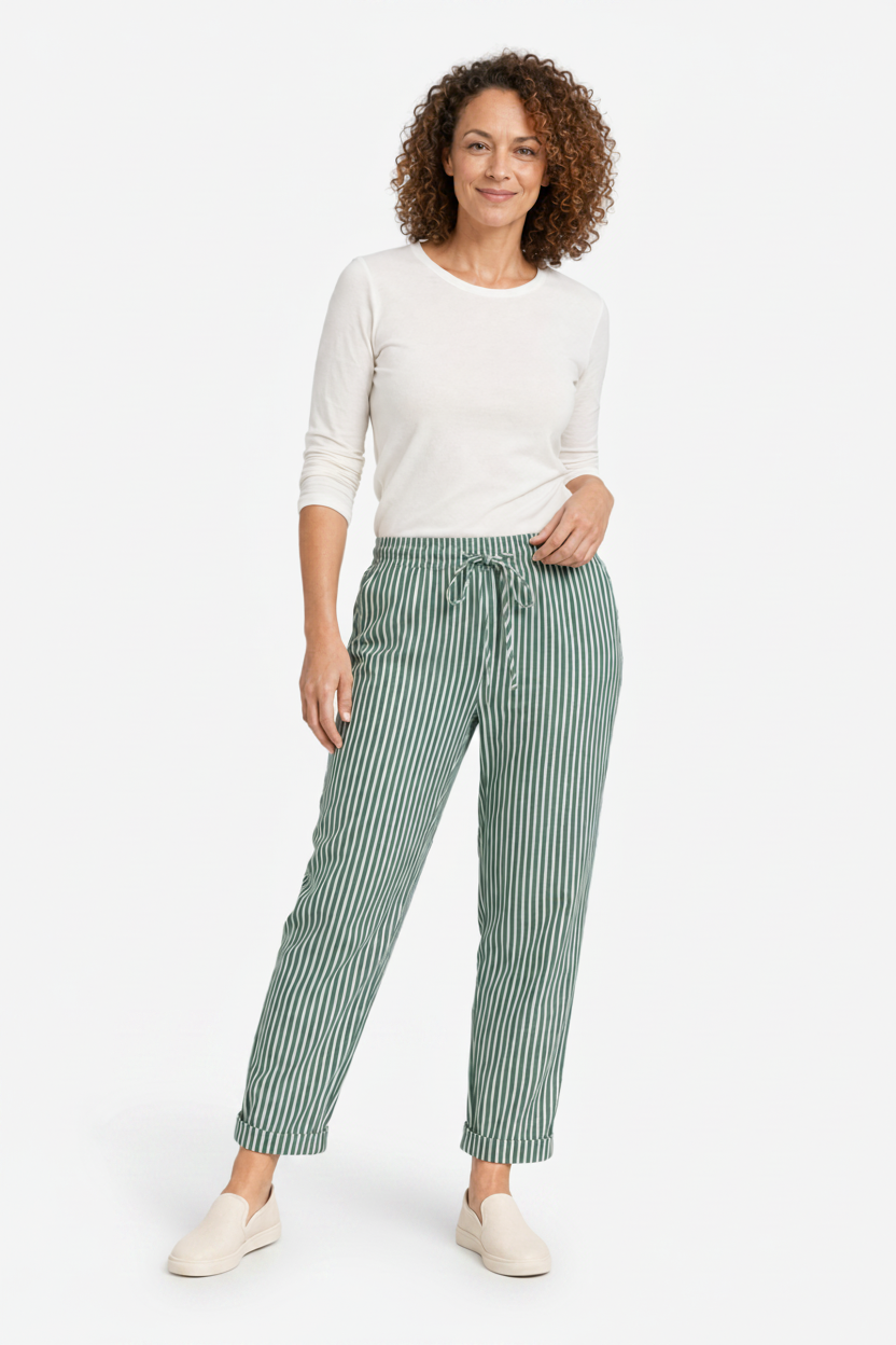 VALERIQUE | Femme pantalon à rayures droit en coton à taille élastiquée avec cordon longueur cheville taille mi-haute