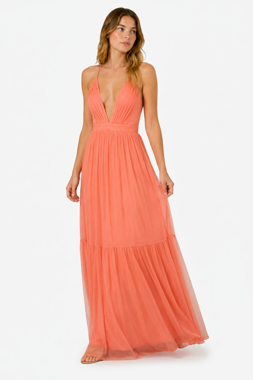 VALERIQUE | Femme Robe longue à fines bretelles coupe évasée détail plissé style fluide