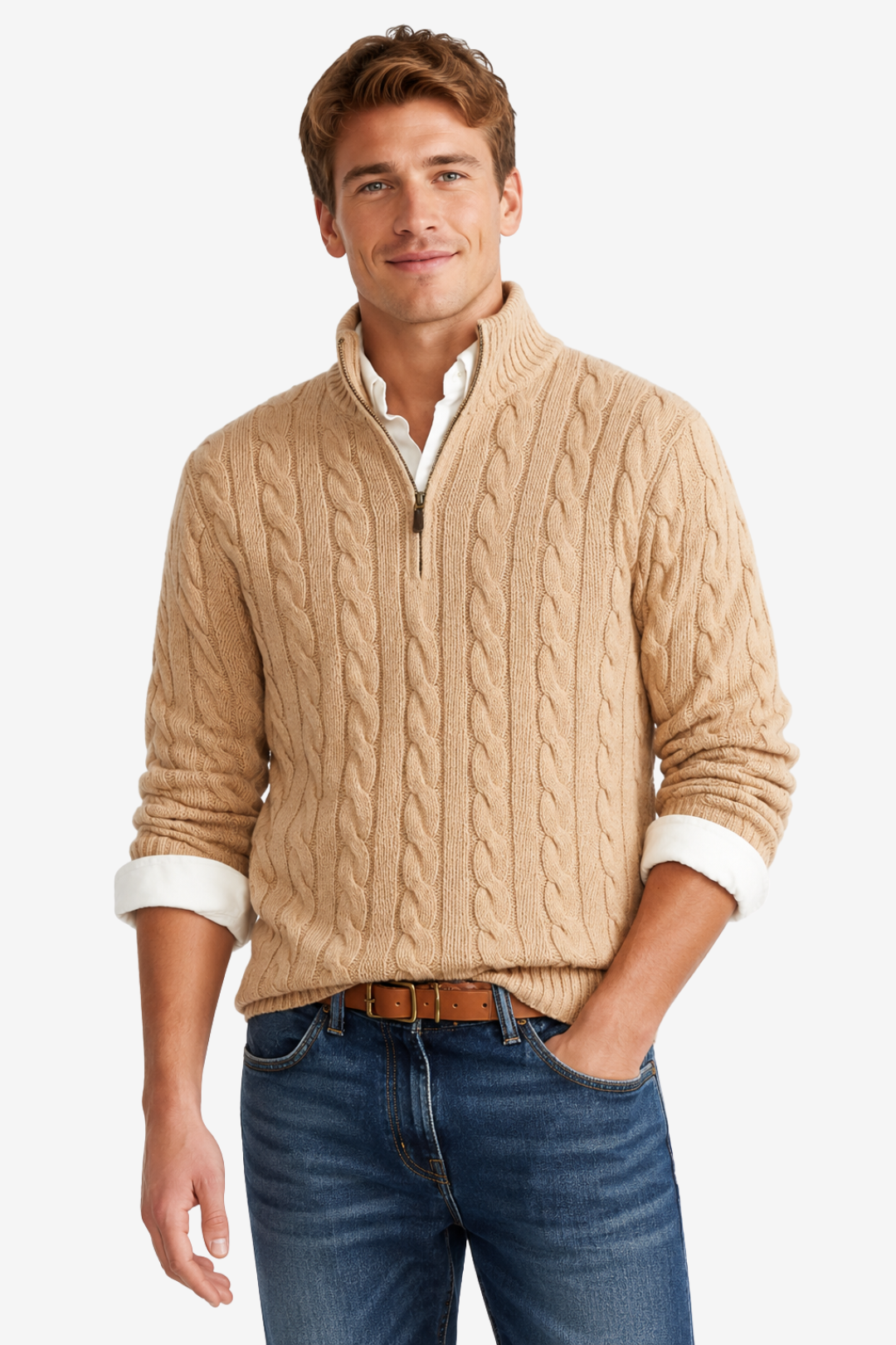 VALERIQUE | Pull en Maille Torsadée pour Homme – Col Montant Fermeture Quart de Zip