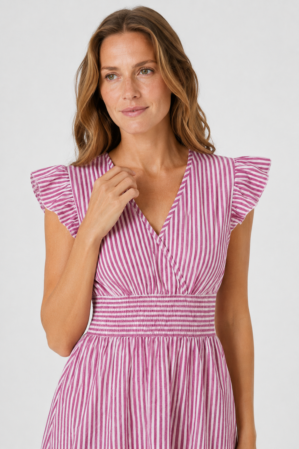 VALERIQUE | Femme Robe Décontractée à Rayures en Mélange de Coton, Col en V Profond, Manches Volantées