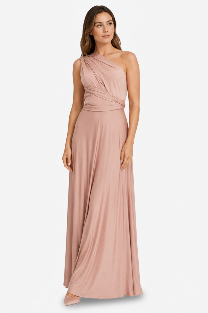 VALERIQUE | Femme Robe Longue Asymétrique pour Femme - Rose Poudré et Beige