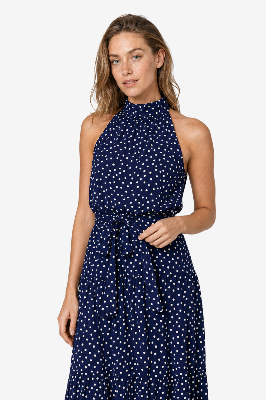 VALERIQUE | Robe Longue à Pois en Coton Léger pour Femme – Col Halter et Taille Nouée