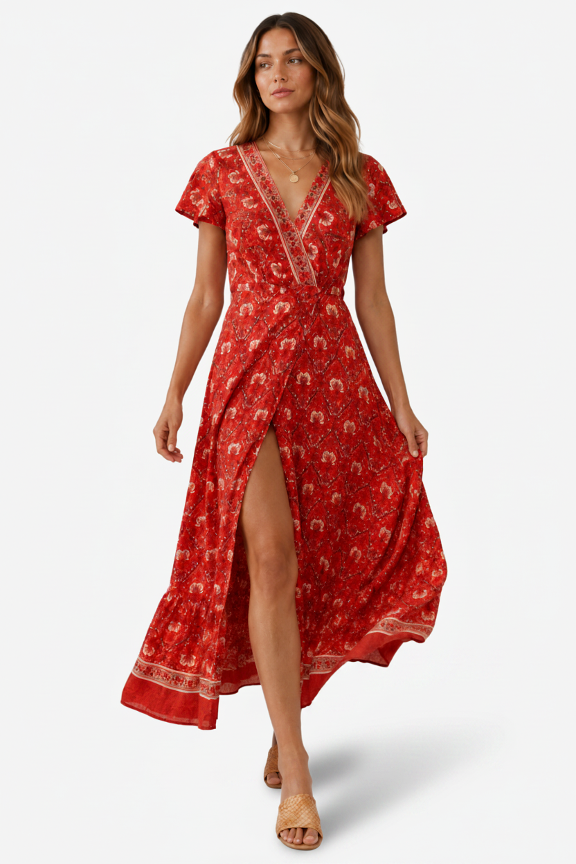 VALERIQUE | Robe Bohème Col V pour Femme – Manches Courtes et Fente