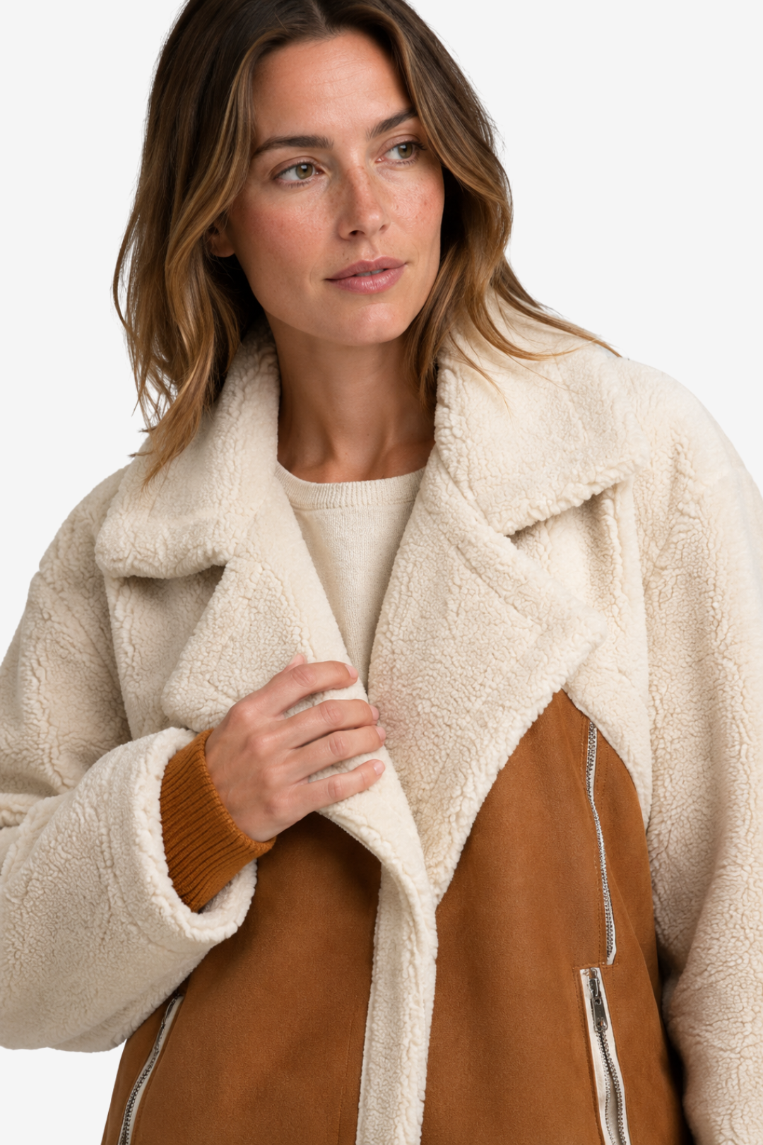 VALERIQUE | Veste Effet Peau Lainée pour Femme – Revers Oversize Panneaux Contrastants Fermeture Zippée