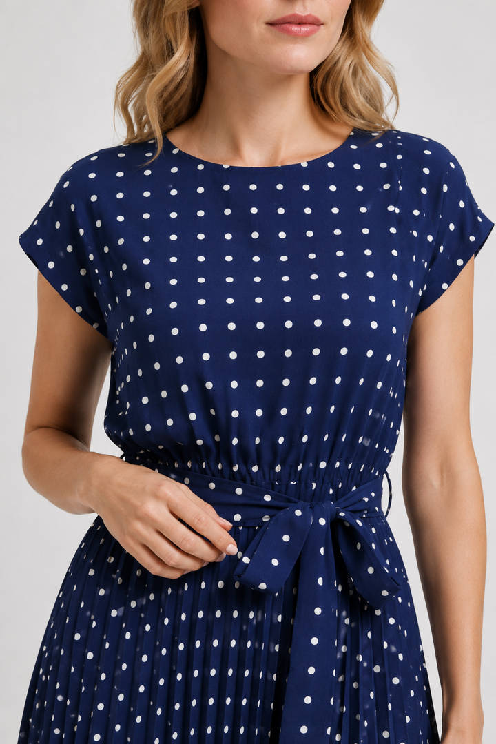 VALERIQUE | Femme Robe Décontractée A-Line en Mélange de Coton Bleu et Vert, Manches Courtes, Ceinture à Nouer