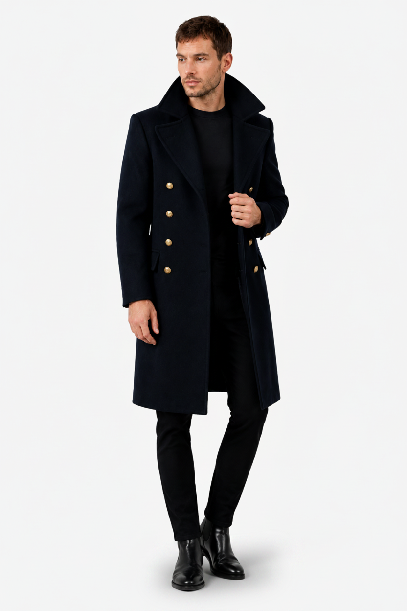 VALERIQUE | Manteau Long Croisé pour Homme – Col à Revers et Fermeture Boutonnée