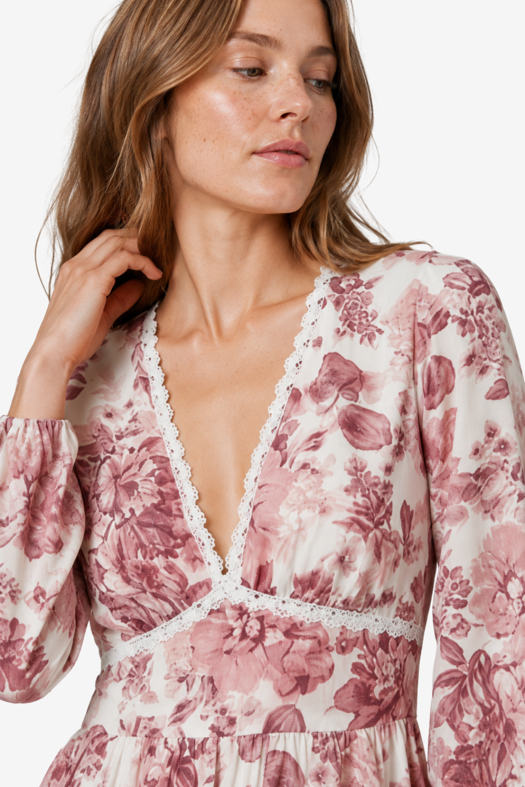 VALERIQUE | Femme Robe Florale Décontractée en Mélange de Coton Rose et Bleu, Manches Longues, Col en V Profond