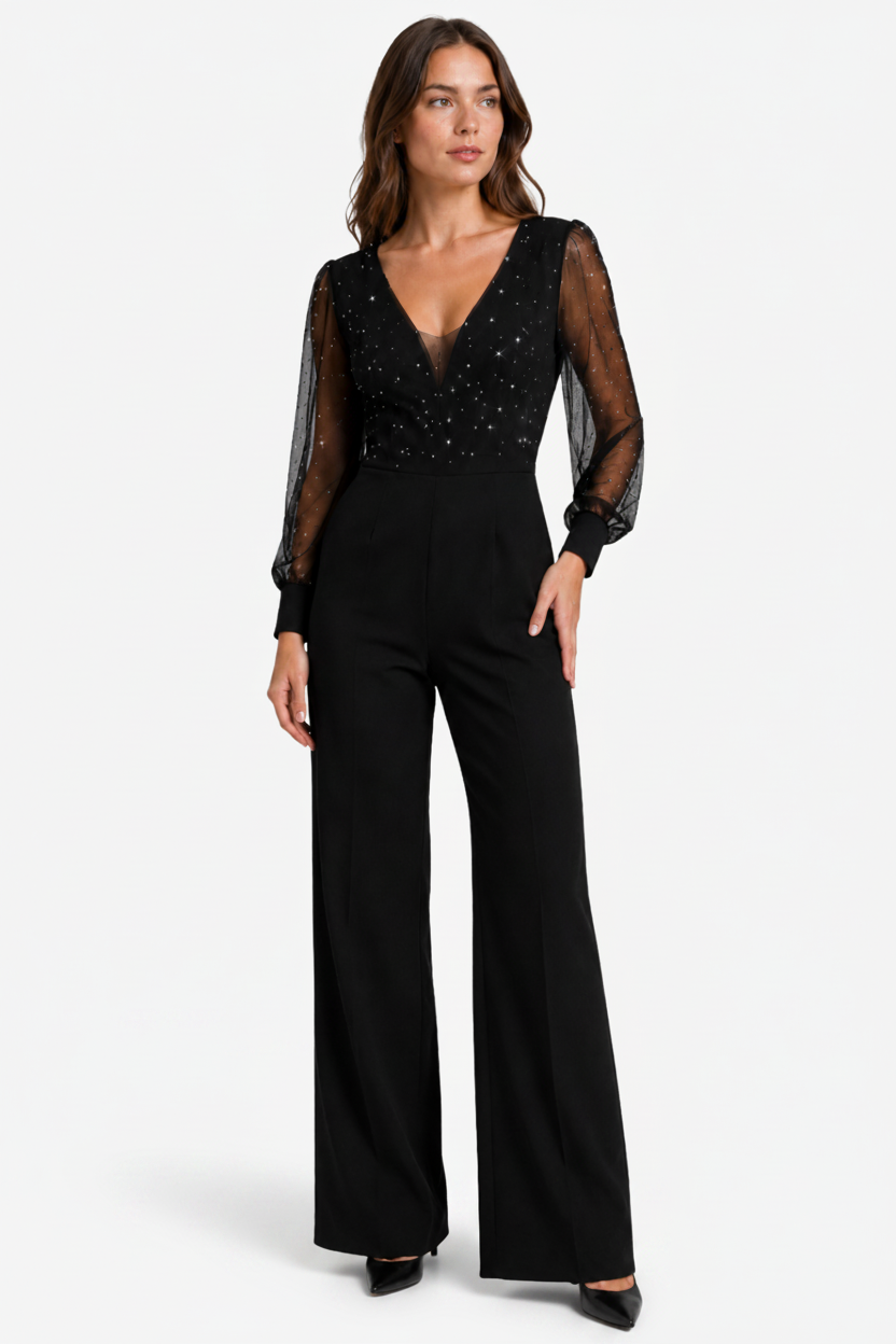 VALERIQUE | Combinaison Ornée pour Femme – Manches Transparentes Pantalon Large