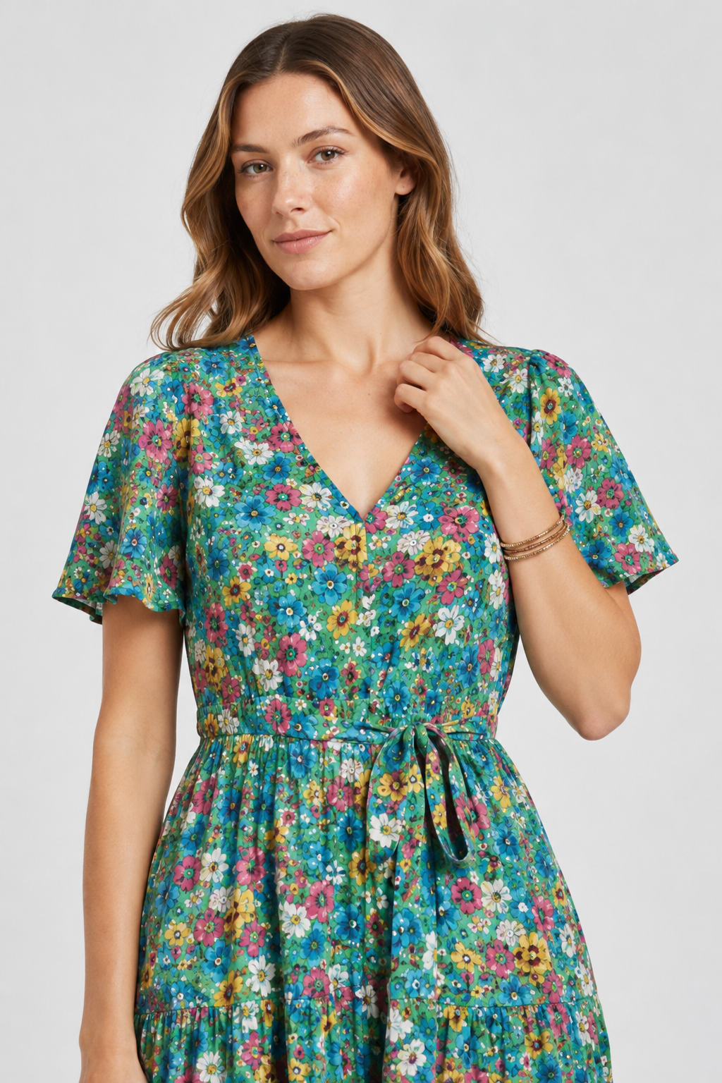 VALERIQUE | Robe Midi Fleurie pour Femme – Manches Courtes et Boutonnée