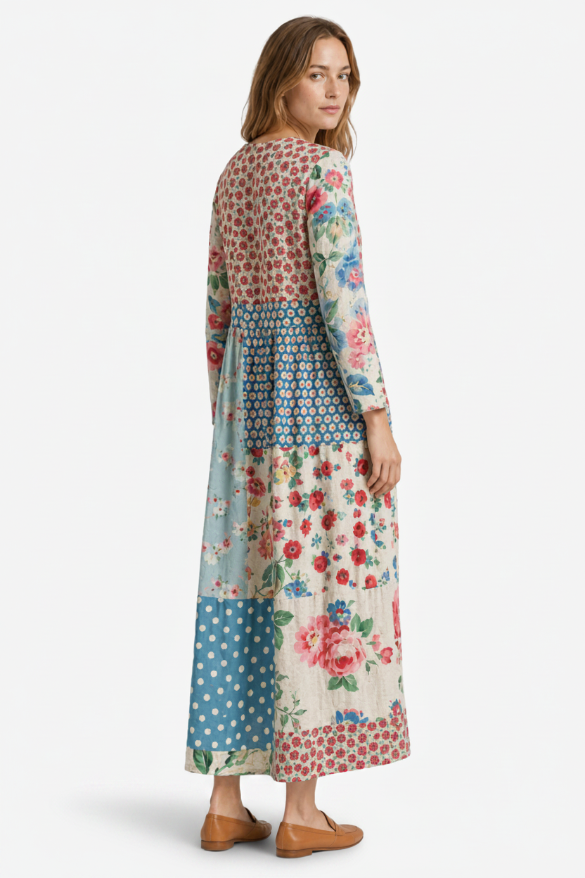 VALERIQUE | Femme Robe A-Line Patchwork Fleurie pour- Bleu Clair