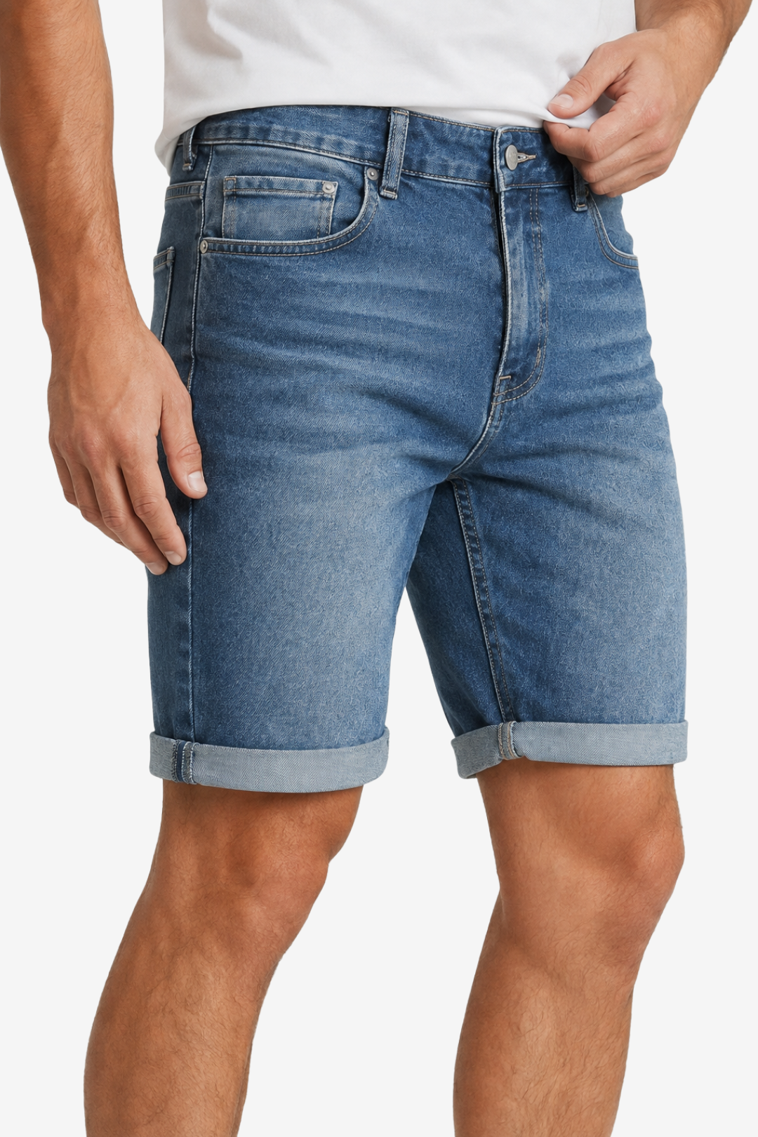 VALERIQUE | Homme short en jean bleu avec ourlets retroussés coupe ajustée pour usage quotidien