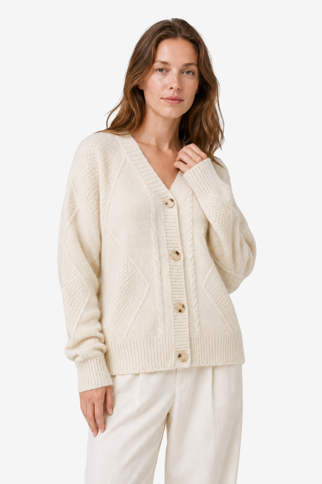 VALERIQUE | Cardigan en Maille Torsadée pour Femme – Col en V Fermeture Boutonnée Design Confortable