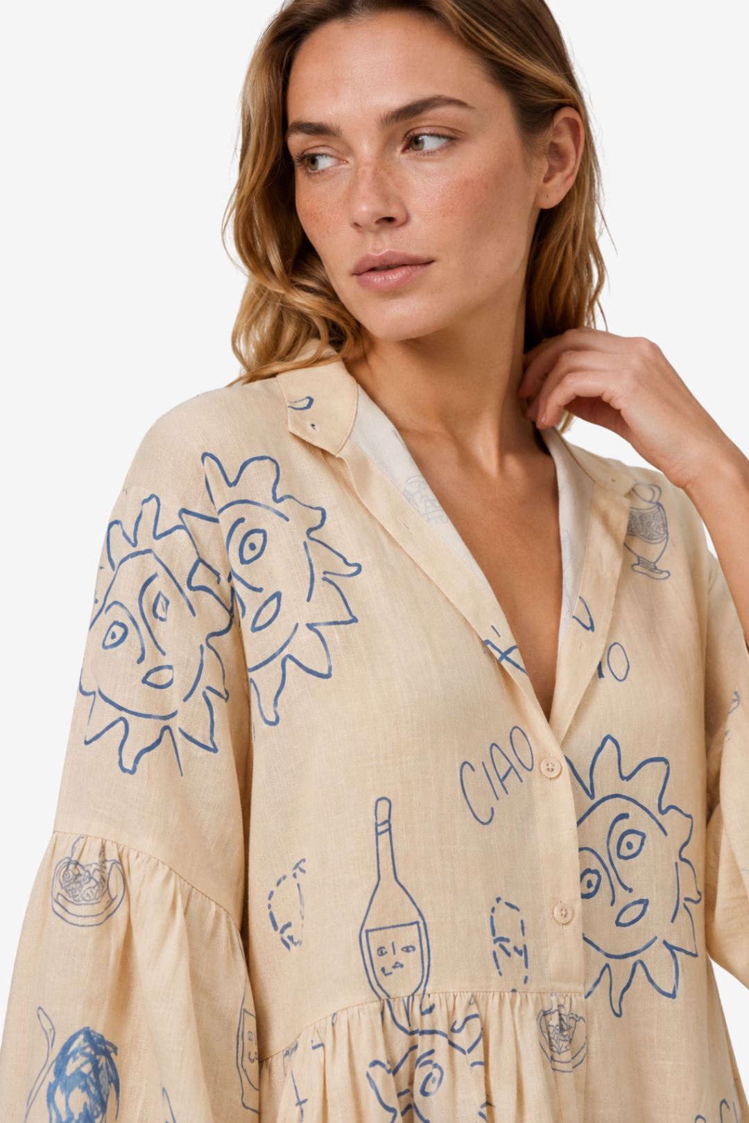 VALERIQUE | Femme Robe Décontractée A-Line en Mélange de Coton Beige, Imprimé, Manches Larges à Volants