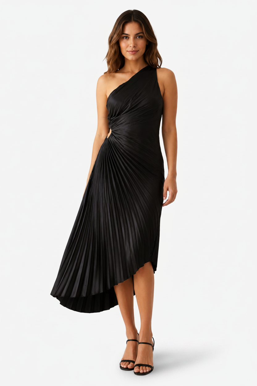 VALERIQUE | Robe Midi Plissée Asymétrique en Coton Léger pour Femme – Une Épaule