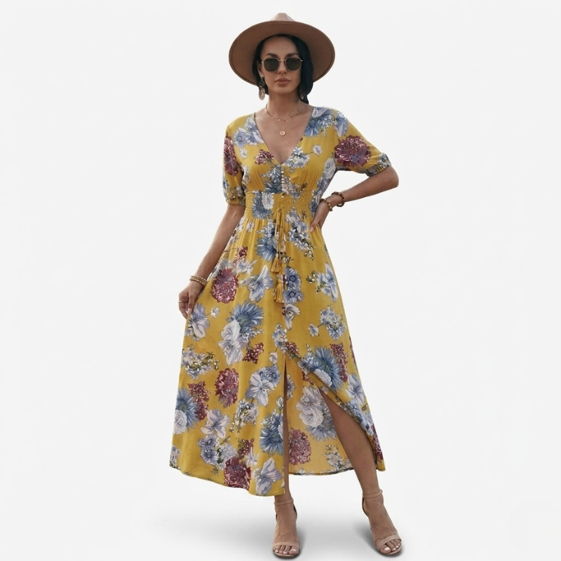 VALERIQUE | Robe Maxi Fleurie pour Femme – Col V