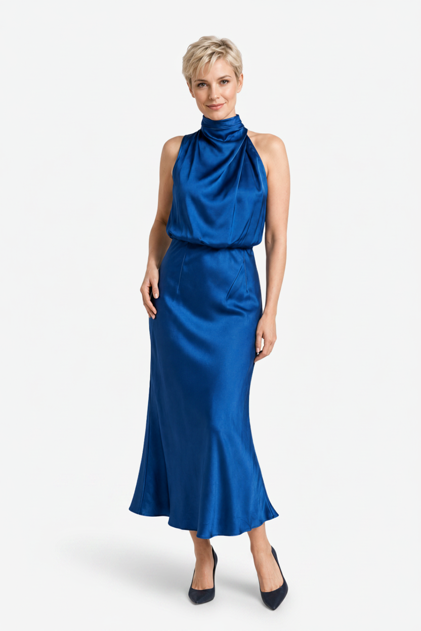 VALERIQUE | Femme Robe midi sans manches coupe ajustée col drapé style fluide