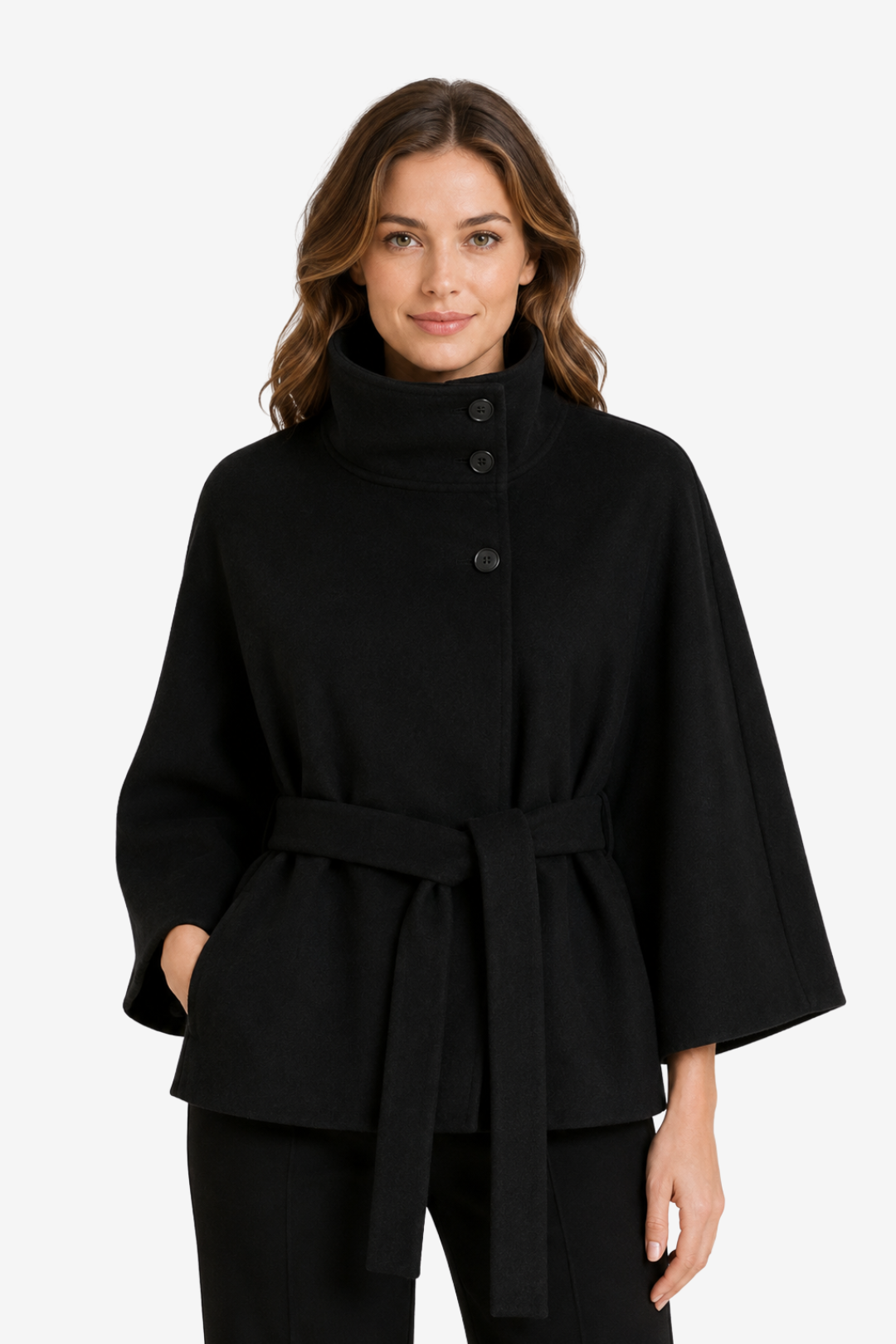 VALERIQUE | Manteau Cape Ceinturé pour Femme – Col Haut Manches Larges Design Structuré