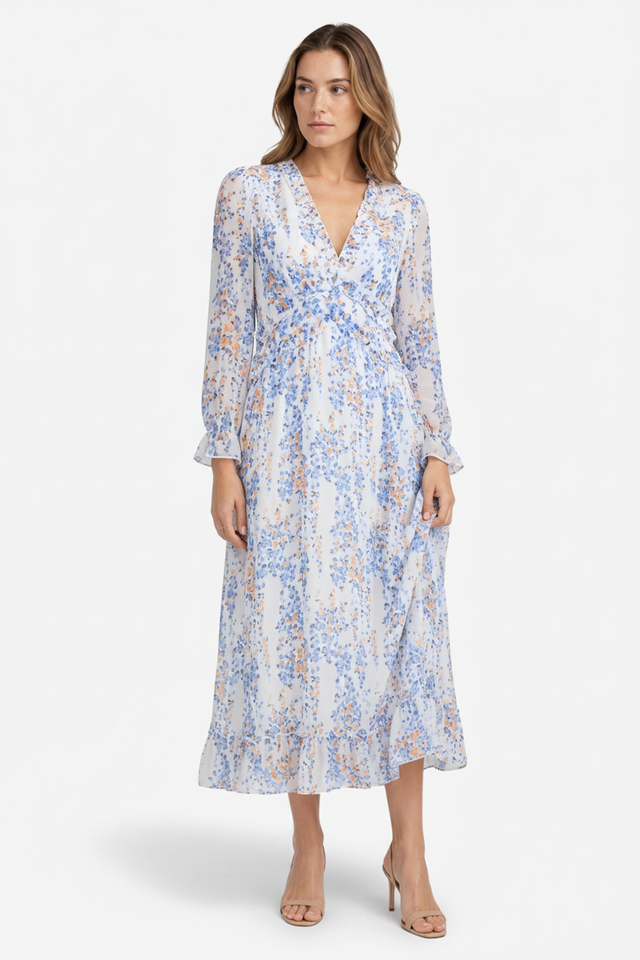 VALERIQUE | Femme Robe Longue Décontractée en Mélange de Coton Bleu et Blanc, Manches Longues, Col en V Profond