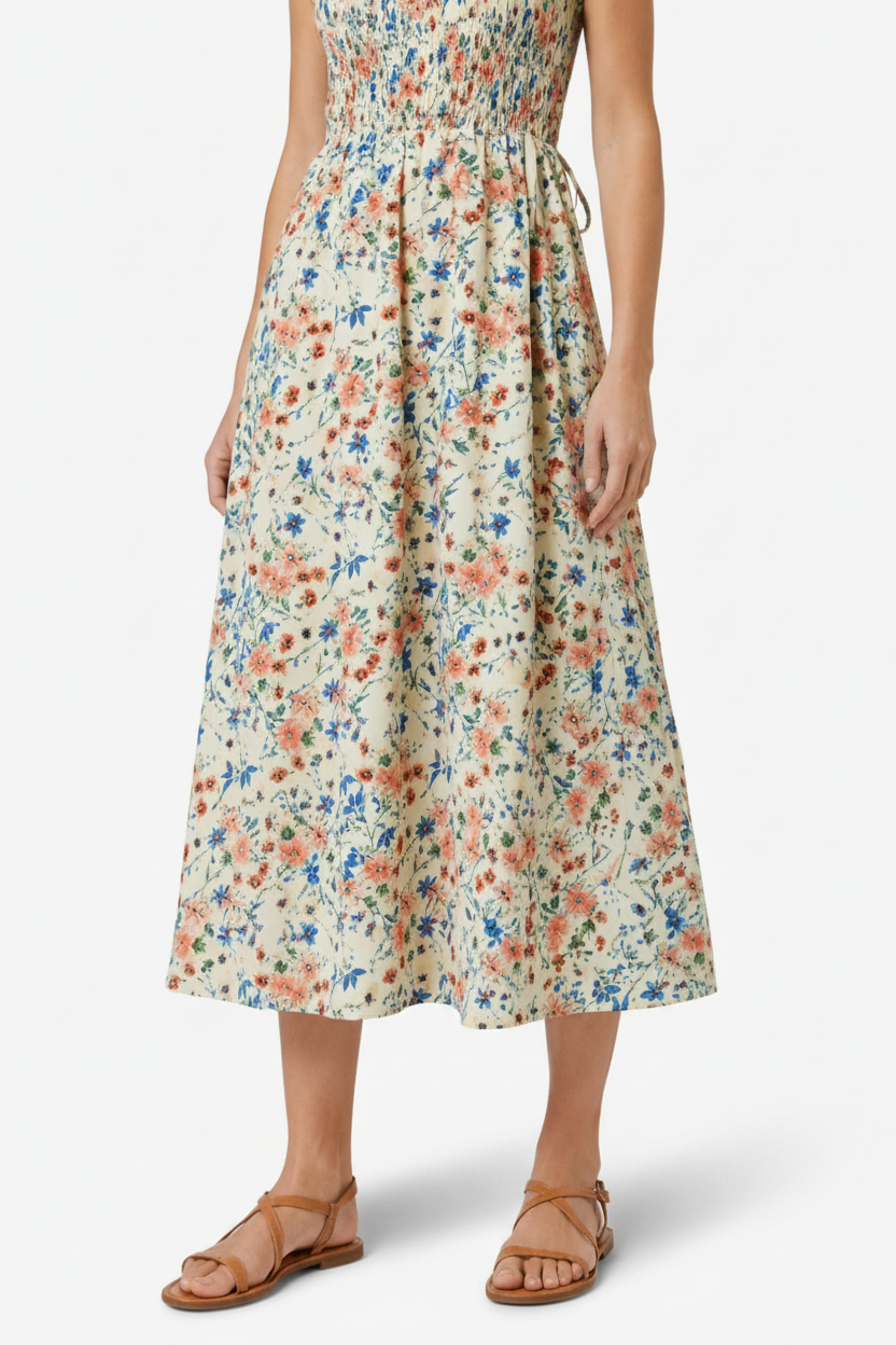 VALERIQUE | Robe Midi Fleurie pour Femme – Taille Smockée