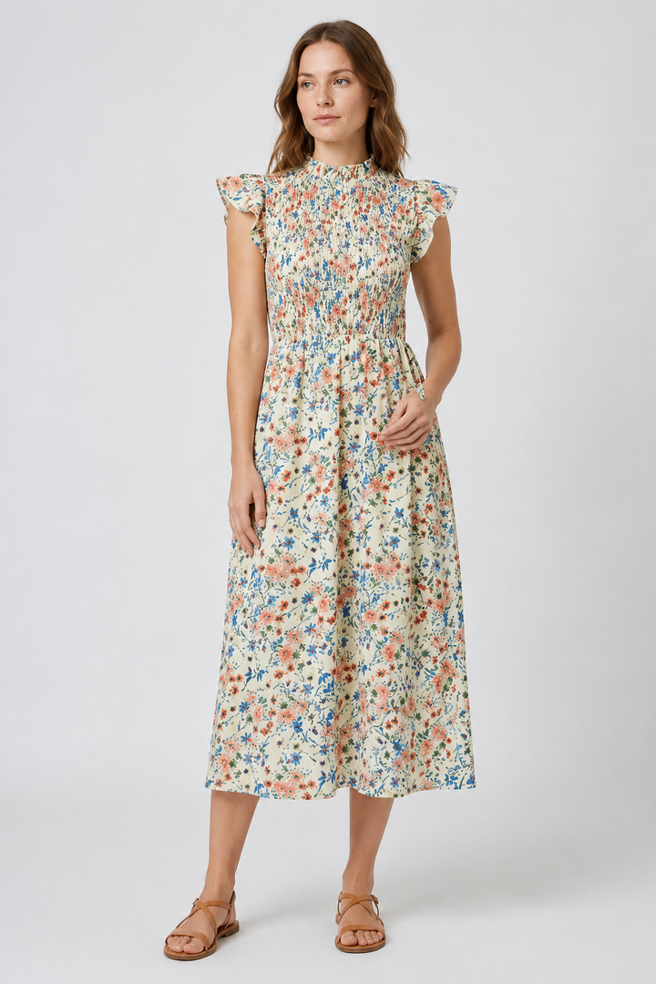 VALERIQUE | Robe Midi Fleurie pour Femme – Taille Smockée