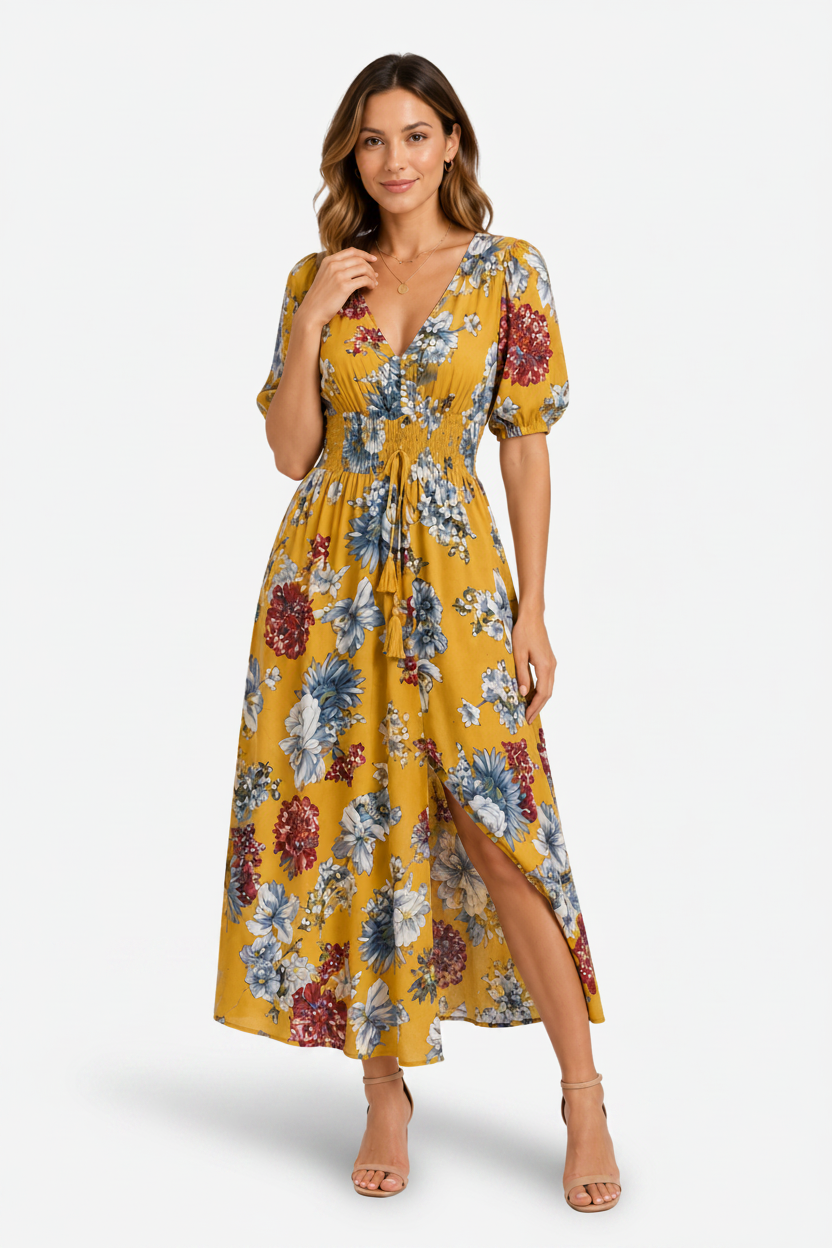 VALERIQUE | Robe Maxi Fleurie pour Femme – Col V