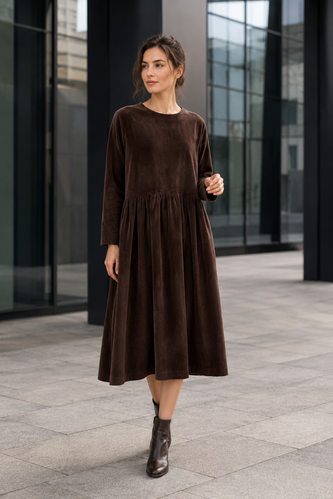 VALERIQUE | Robe Midi Plissée pour Femme – Col Rond Coupe Décontractée Manches Longues