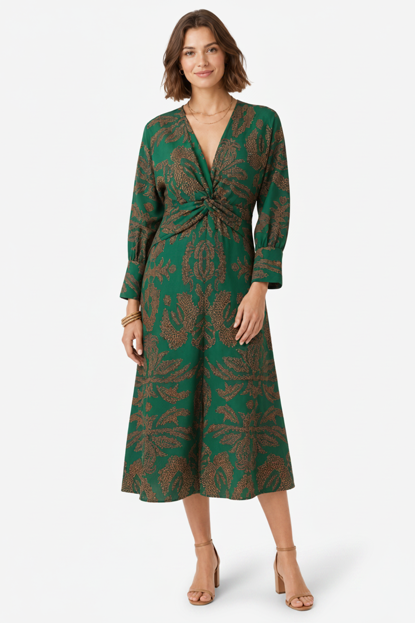 VALERIQUE | Robe Midi à Col V pour Femme – Manches Longues et Détail Noué