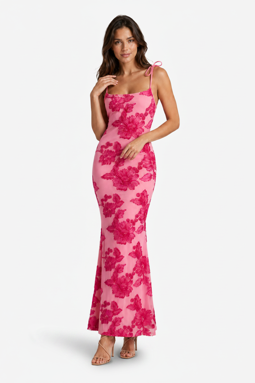 VALERIQUE | Robe Longue Ajustée à Fleurs en Coton Léger pour Femme – Bretelles à Nouer