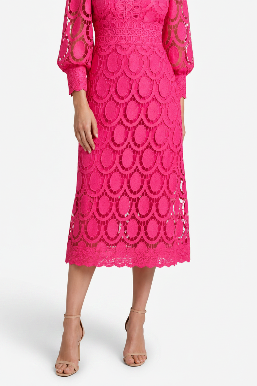 VALERIQUE | Robe Midi en Dentelle pour Femme – Col Haut et Manches Longues